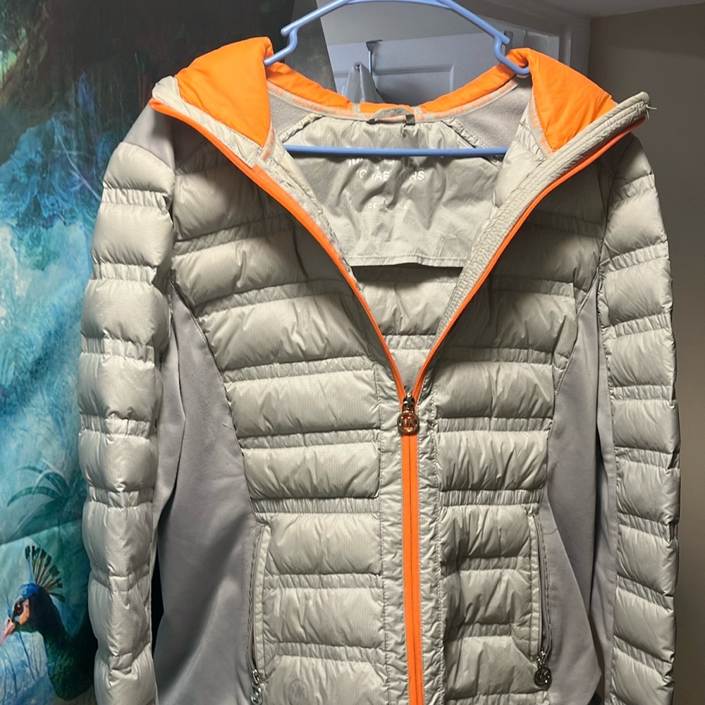 Michael Kors. Large. Winter jacket with hoodie, silver with orange accent